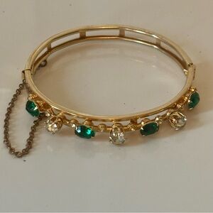 Vintage MCM Renaissance Revival Green & Clear Rhinestone Hinged Bangle Bracelet